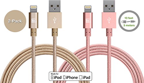 [2 Pack] LAX 10ft Long Apple MFi Certified iPhone Chargers Cord - Durable Braided Lightning Cable for iPhone 6s / 6s Plus / 6 / 6 Plus / SE / 5s / 5c / 5 / iPad Air 2 / Mini / Pro (Gold + Rose Gold)