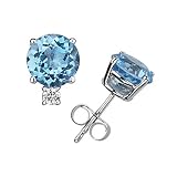 4mm Round Blue Topaz and Diamond Stud Earrings in 14K White Gold