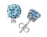 4mm Round Blue Topaz and Diamond Stud Earrings in 14K White Gold