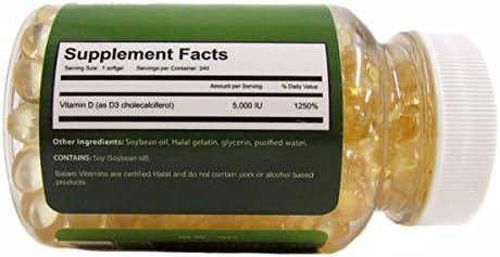 Salam Vitamins, Vitamin D3 5,000 IU, Halal Softgels, 240 count (pack of 3)