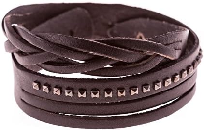 True Heart Style Genuine Leather Wrap Bracelet Braided Pyramid Studded Stranded, Classic Black