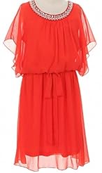 Girls Chiffon Elasticized   Waistline Beaded  Knee Length  Dress With a Sash  and Pearls