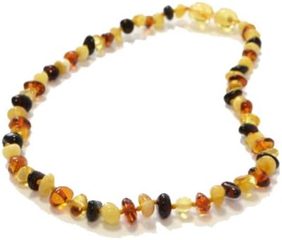 Infant Amber TM *Safety Knotted* MULTICOLORED (3x3x3) Natural RAW Baltic Amber Teething Necklace (Unisex)-- Easy Twist-in Screw Clasp- High Quality Guaranteed to Help with Anti-inflammatory, Drooling & Teething Pain