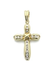 14K Gold Pendant Cross Cubic Zirconia Yellow Gold Pendant, 0.75" X 1.25"