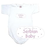 BABY BODYSUIT WHITE  PINK CLOUD LOVE ME , I'M SERBIAN  SERBIA AND MONTENEGRO 0 - 3 Months
