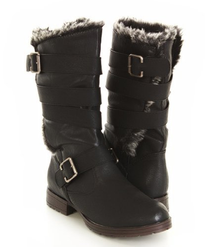 Fur Trim Straps Military Mid Calf Vegan Boot -More Colors- (6.5, Black)