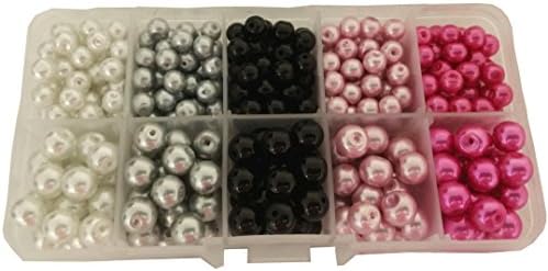 375+pcs 6mm and 8mm Luster Glass Pearl Round Beads with Case / Jewelry Making Beads (White/Grey/Black/Pink)