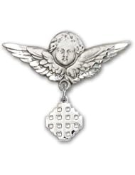 Sterling Silver Baby Badge with Jerusalem Cross Charm and Angel with Wings Badge Pin