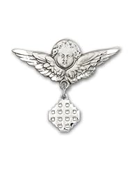Sterling Silver Baby Badge with Jerusalem Cross Charm and Angel w/Wings Badge Pin