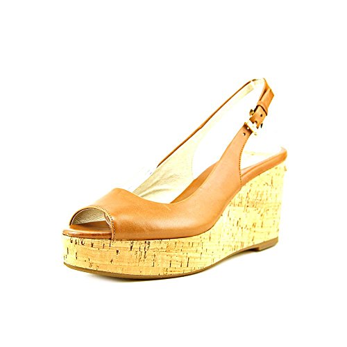 MICHAEL Michael Kors Natalia Leather Peep-Toe Wedge Sandals, Luggage, Size 7.0