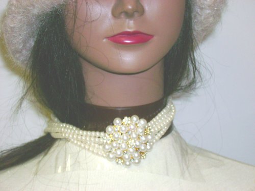 Nc132, Five Strand Ivory Simulated Pearl and Crystal Choker Necklace with Matching Earrings for Women and Teens
