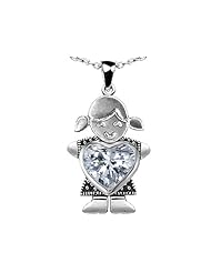 Original Star K (tm) Little Girl Holding 8mm Heart Mother Birthstone Pendant with Genuine White Topaz in 925 Sterling Silver