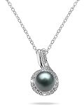 All Natural 7MM Freshwater Black Pearl and Diamond Pendant in 10K White Gold
