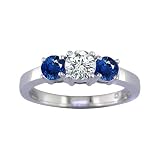 1/2 CT 3 Stone Blue Sapphire & Diamond Ring 14K White Gold (Available In Sizes 5 - 10)