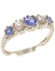 Solid 925 Sterling Silver Genuine Natural Tanzanite & Pearl VINTAGE style Ring - Finger Sizes 4 to 12 Available