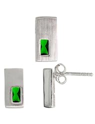 Sterling Silver Matte-finish Rectangular Earrings (11mm tall) & Pendant Slide (11mm tall) Set, w/ Emerald Cut Emerald-colored CZ Stones