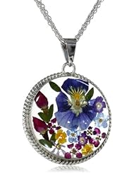 Sterling Silver and Pressed Flower Pendant Necklace, 18"