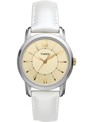 Timex T2N682 Womens Uptown-Chic Champagne Dial White Metallic Leather Strap Watch