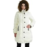 Momo Maternity Womens Faux Raccoon Fur Trimmed Hooded Cinch Waist Down Coat in Black or Beige