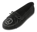 Kilty Suede W/Peace Sign Minnetonka Moccasin in Black Womens