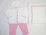 Cpk673, Knitted on Hand Knitting Machine White Cotton Trimmed By Hand Crochet with Raspberry Cotton Cardigan Pant Hat for Infant Girls with Matching 31x45 Blanket Trimmed with Sequin Double Heart