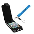 GTMax Permium Durable Leather Flip Carrying Cover Case - Black for Apple iPhone 4 4G 4S 4GS 16GB / 32GB with BlueMall Wrist Strap Lanyard
