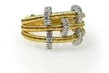 18K Yellow Gold, Matte-Finish Triple-Strand Hand-Woven Mesh Ring, Enhanced with Pave Set Diamonds Roundels.