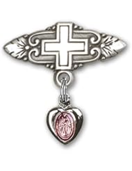 Sterling Silver Baby Badge with Pink Miraculous Charm and Badge Pin with Cross