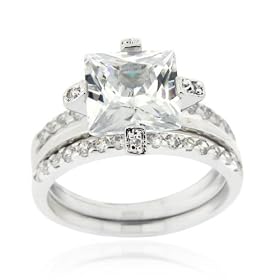 Sterling Silver Square CZ Wedding Engagement Stackable Ring Set