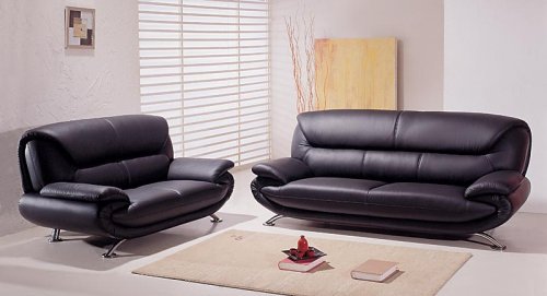 Stunning Modern Contemporary Black Leather Sofa Loveseat Living Room Set