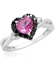 10k White Gold Heart Shaped Created Pink Sapphire with Round Black and White Diamond Ring
