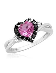10k White Gold Heart Shaped Created Pink Sapphire with Round Black and White Diamond Ring