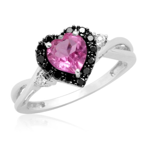 10k White Gold Heart Shaped Created Pink Sapphire with Round Black and White Diamond Ring, Size 5