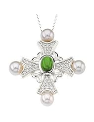14K White Gold Emerald, Pearl and Diamond Cross Pendant -- LIFETIME WARRANTY