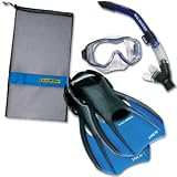 US Divers Travelers Manta Ray Snorkel Set: Manta Ray LX silicone mask, Rincon snorkel, Trek compact fins, Mesh tote bag