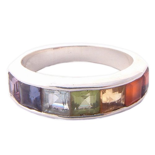 Channel Set Rainbow Chakra Ring (Size 7) with Semi Precious Gemstones  Amethyst, Garnet, Peridot, Citrine, Carnelian, Iolite, Apatite