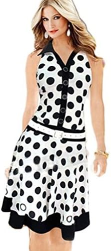 Gasion Women's Summer Sleeveless Elegant Button Polka Dot Office Work Party Dress White Asian S