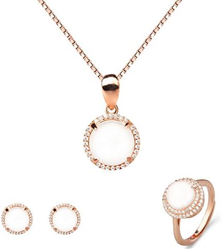 18K Rose Gold Plated Sterling Silver Natural White Jade Pendant Necklace, Rings, Earrings 18" YBJ-22