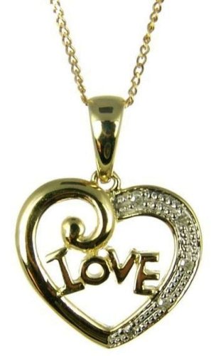 9ct Yellow Gold Ladies Diamond Set Open Heart Love Pendant On 18 Curb Chain