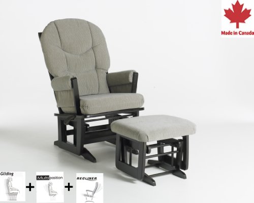 Dutailier Foam/Round Back Cushion Design Modern Glider Multiposition, Recline and Ottoman Combo, Linway Teal Blue/Beige Stripe