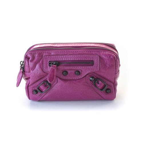 Genuine Leather Soft Calfskin Two Zip Square Pouch - MAGENTA