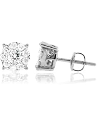 1.10CT, White Round Brilliant cut Diamond prong Cluster womens Stud Earrings in 14K White Gold