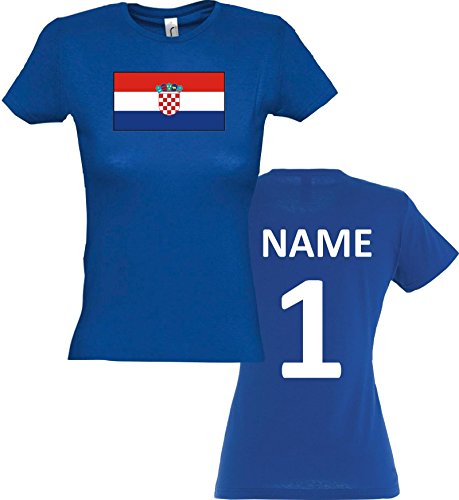Lady T-Shirt Kroatien Croatia Ländershirt mit Wunschnamen und Nummer, Farbe royal, Größe S