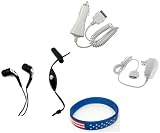 Apple iPod Touch II 2nd generation Accessory Bundle- Stereo Headset Hands-free + Auto Car Vehicle Charger + Home Wall Travel Charger + Free Stars Stripes Wristband
