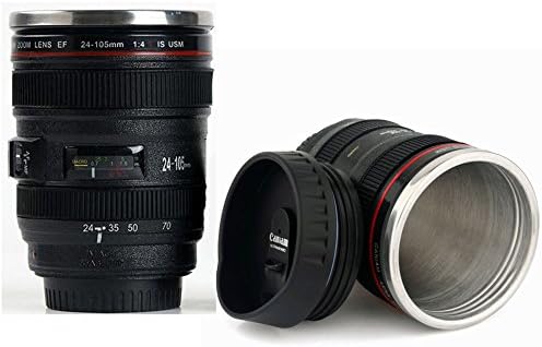 Camera Coffee Mug 24-105mm Photography Lens Cup Thermo Tumbler / Double Walled Insulated Temperature Retaining Stainless Steel Inside / Anti-Spill Screw on Tight Sipping Lid That Can be Opened or Closed with the Flick of Your Thumb / 13.5 oz Thermos for Travel for Coffee, Tea, Soup, or any Hot or Cold Beverage, Refreshment, or Drink / Replica of Canon EOS f/4L IS USM Photo Lens / Great for Holding Pens, Spare Change, Candy, Snacks and More! Fits in Most Car Cup Holders. (Black)