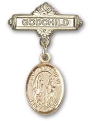 14K Gold Baby Badge with St. Genevieve Charm and Godchild Badge Pin