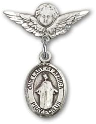 Sterling Silver Baby Badge with Our Lady of Africa Charm and Angel with Wings Badge Pin
