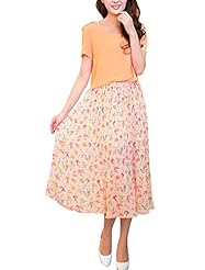 Houndstooth Print Short Sleeves Pleated Round Neck Elasticized   Waistline Chiffon  Dress