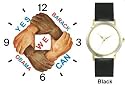 Black & White Hands and Forearms Interlocking - Yes We Can No.1 - President Barack Obama Commemorative - WATCHBUDDY&reg; DELUXE TWO-TONE THEME WATCH - Arabic Numbers - Black Leather Strap-Size-Women's Size-Small