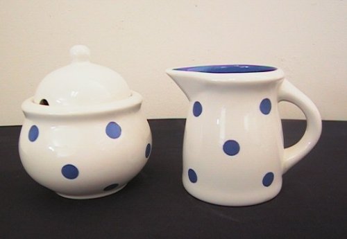 Ronnie's Terramoto Ceramic, Cream & Sugar Set, Royal Blue Polka Dots on White Base
